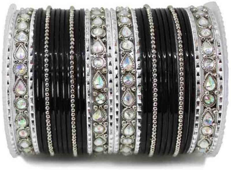 Kundan Gold Plating Bangle Set Black-silver T4 Jewels