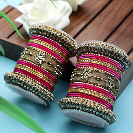 One Hand Multi-Colored Velvet Textured Bangle Set Pink-Golden T4 Jewels