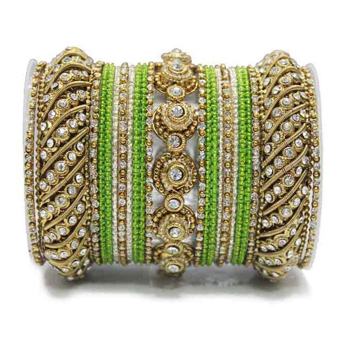 Traditional Colored Textured Bangle Set For Single Hand Golden-Green T4 Jewels