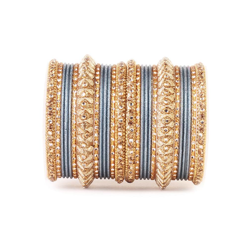 Traditional Colored Kundan Work Bangle Set For Two Hands Grey T4 Jewels