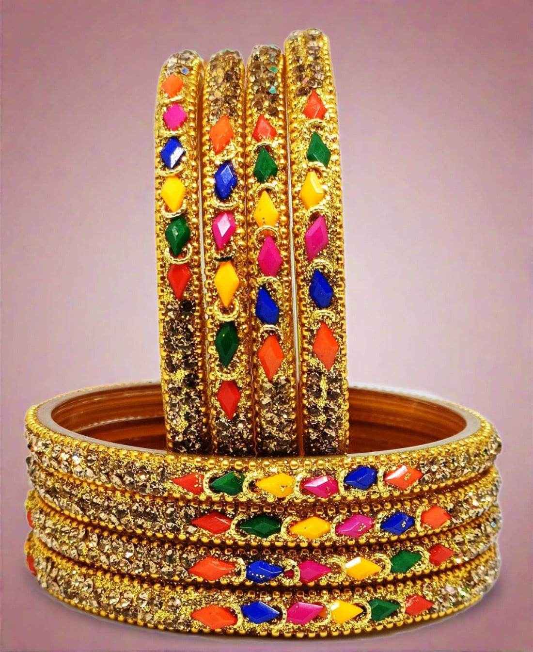 T4 Jewels (Large Size) Red, Green MultiColor Glass Kada Bangles (Pack Of 8)-NLKNTH