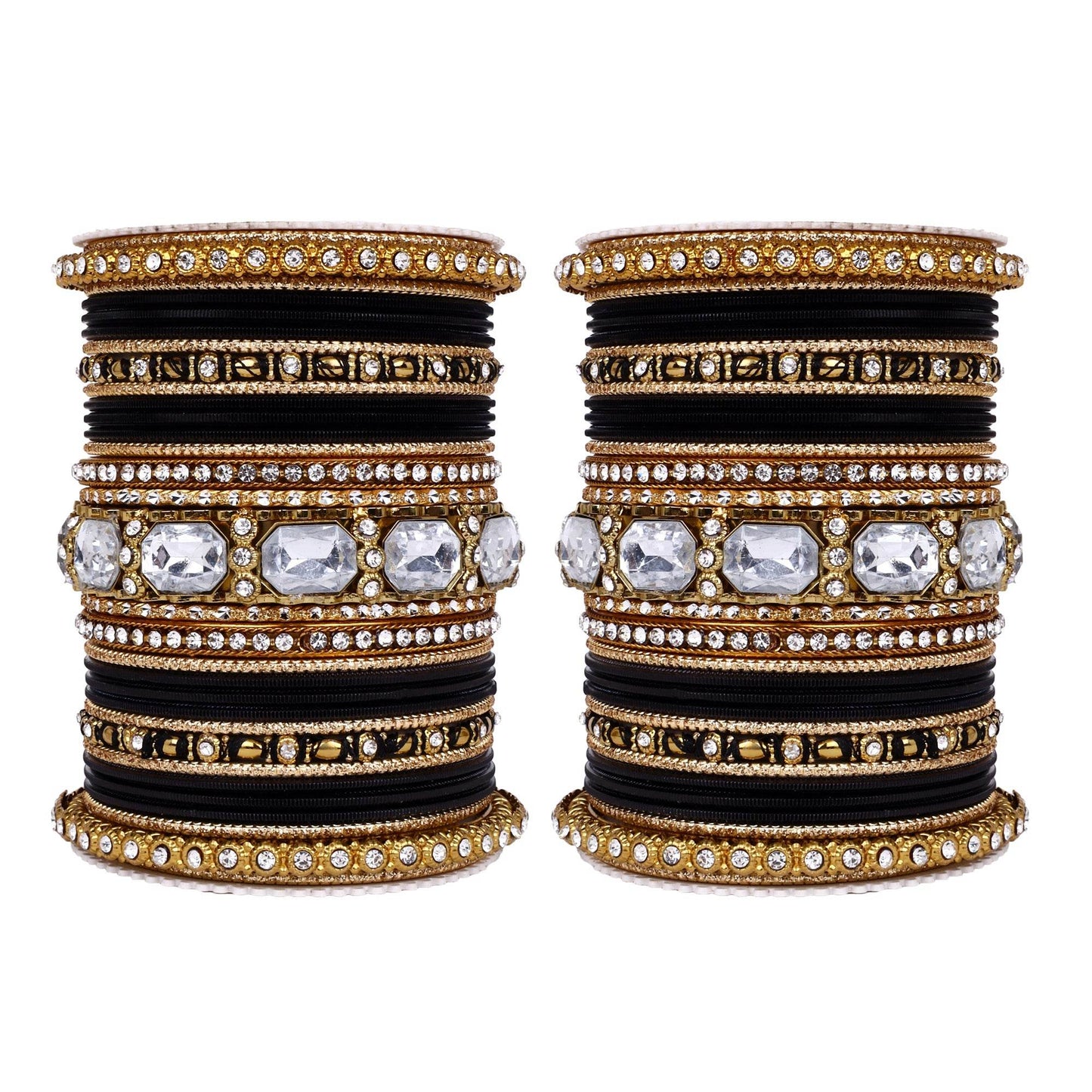 Set of 2 Beautiful Colored Bangle Set With Big Kundan Stone Black T4 Jewels