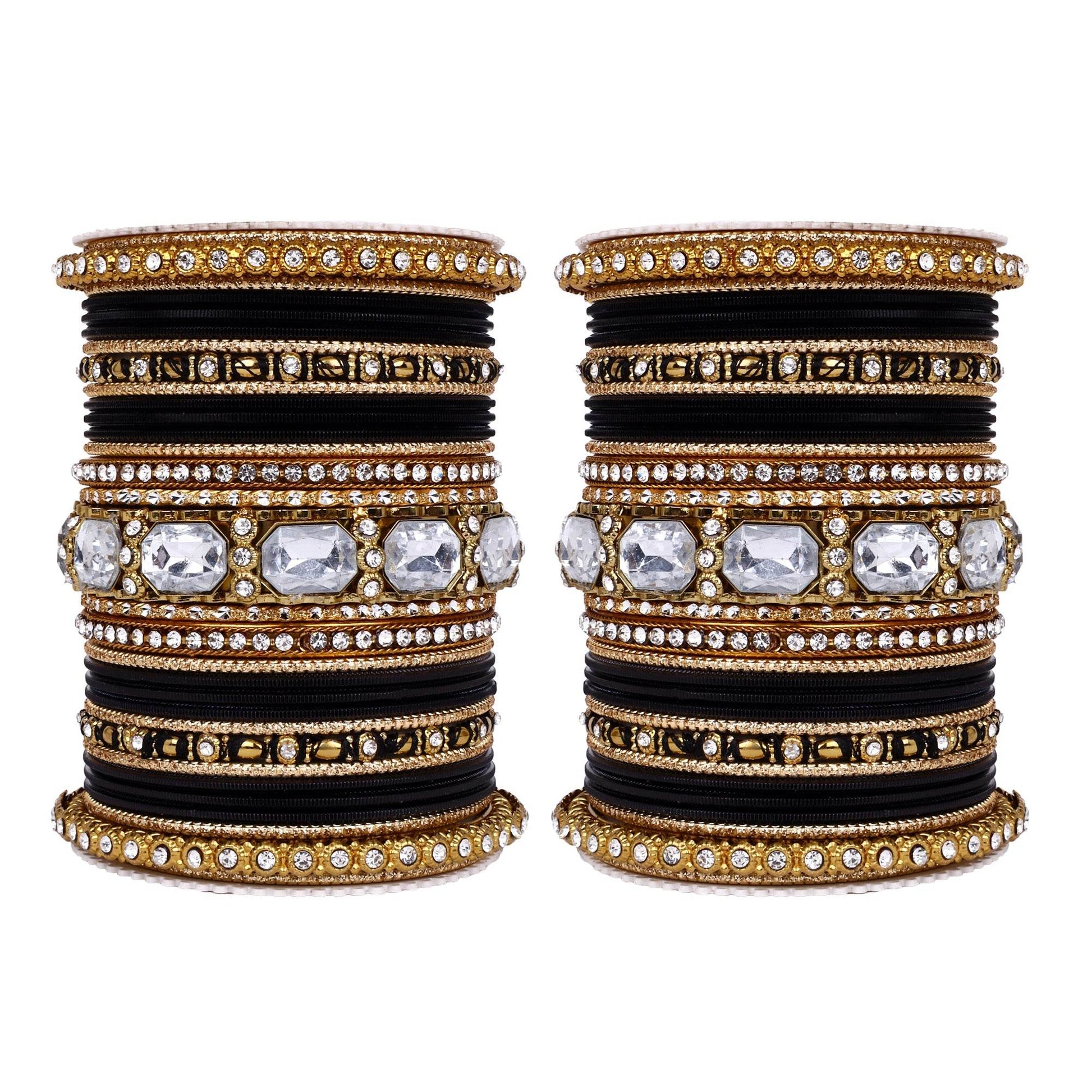 Set of 2 Beautiful Colored Bangle Set With Big Kundan Stone Black T4 Jewels