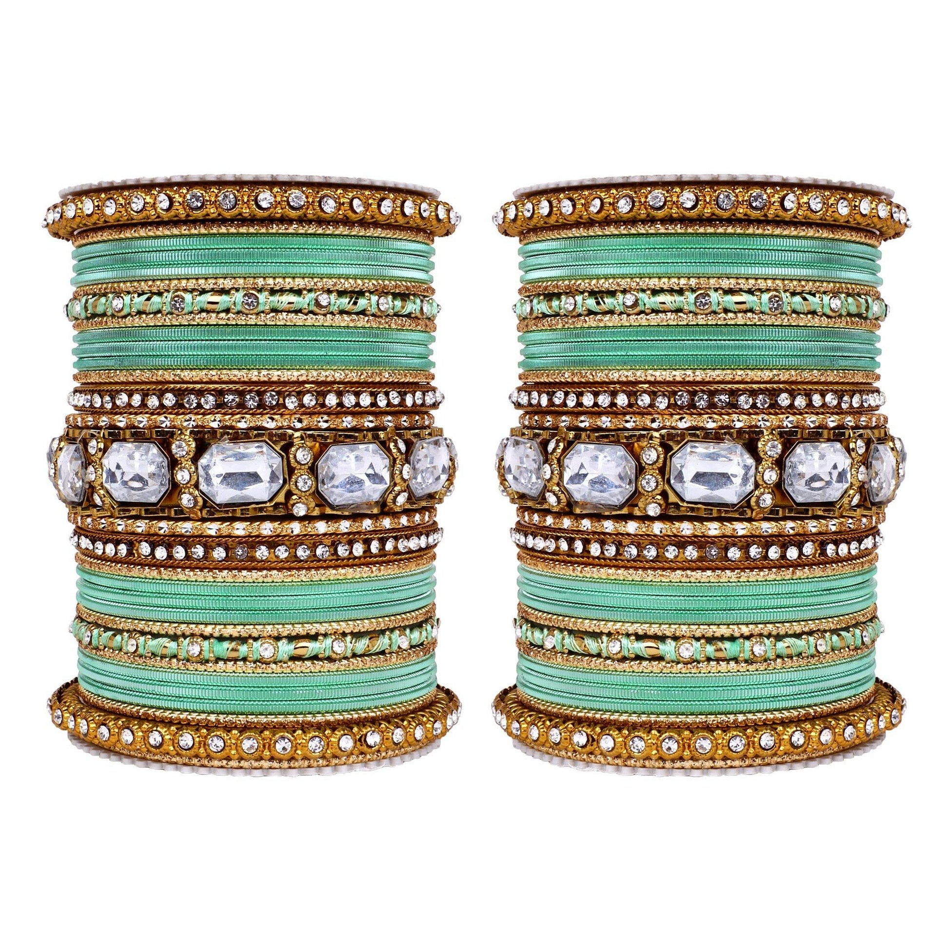 Set of 2 Beautiful Colored Bangle Set With Big Kundan Stone Pista T4 Jewels