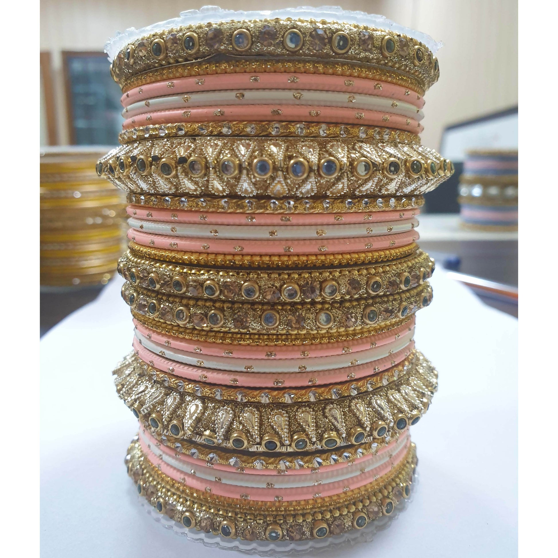 Traditional Colored Kundan Work Bangle Set For Two Hands Peach-White T4 Jewels