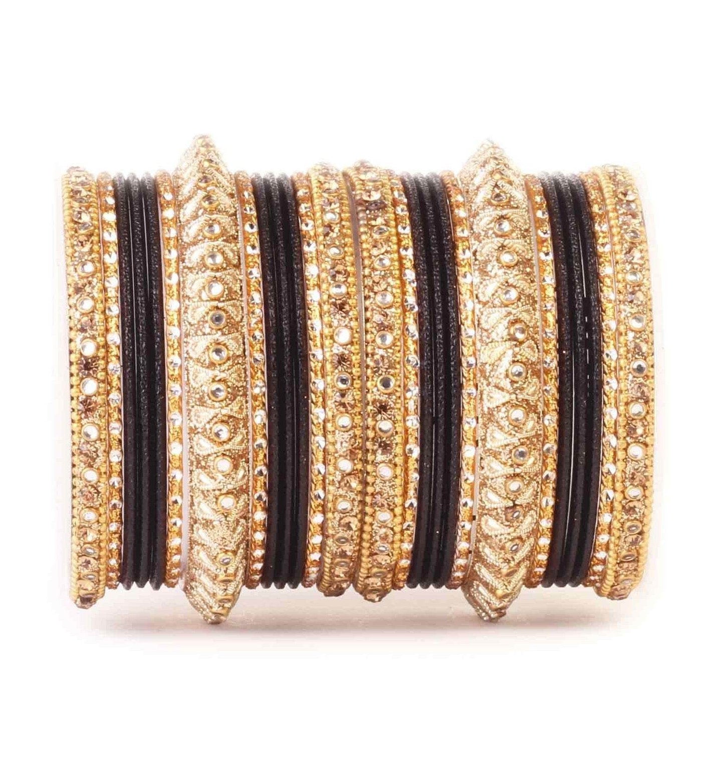 Traditional Colored Kundan Work Bangle Set For Two Hands Black T4 Jewels