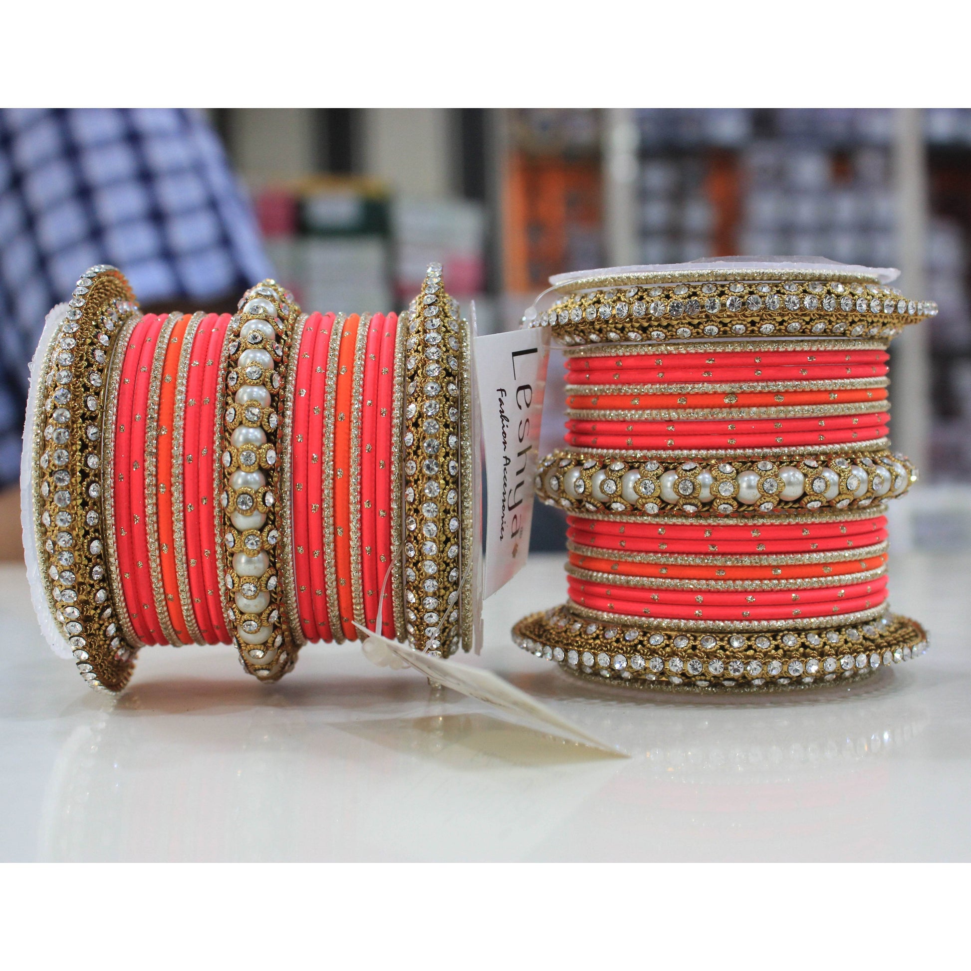 Set of 2 Traditional Multi-Colored Pearl Chakri Bangle Set Rose Orange T4 Jewels