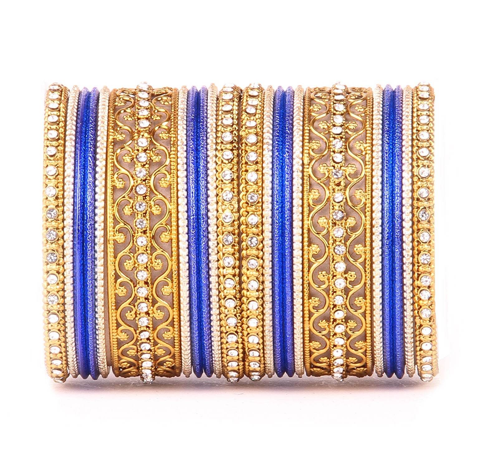 Intricate Bracelet With Running Stone Work And Shinning Bangle Set Blue T4 Jewels