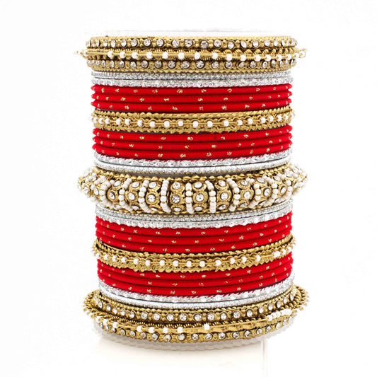 Beautiful Dotted Bangle And Pearl Bangle Set Red T4 Jewels