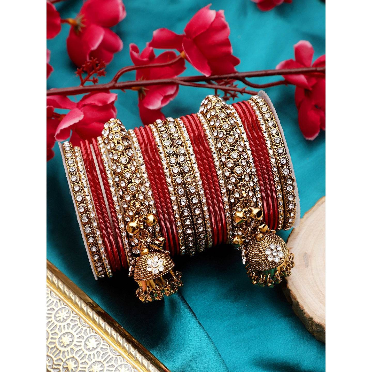 Traditional Shining Jhumki Bangle Set For Two Hands By T4 Jewels Red T4 Jewels