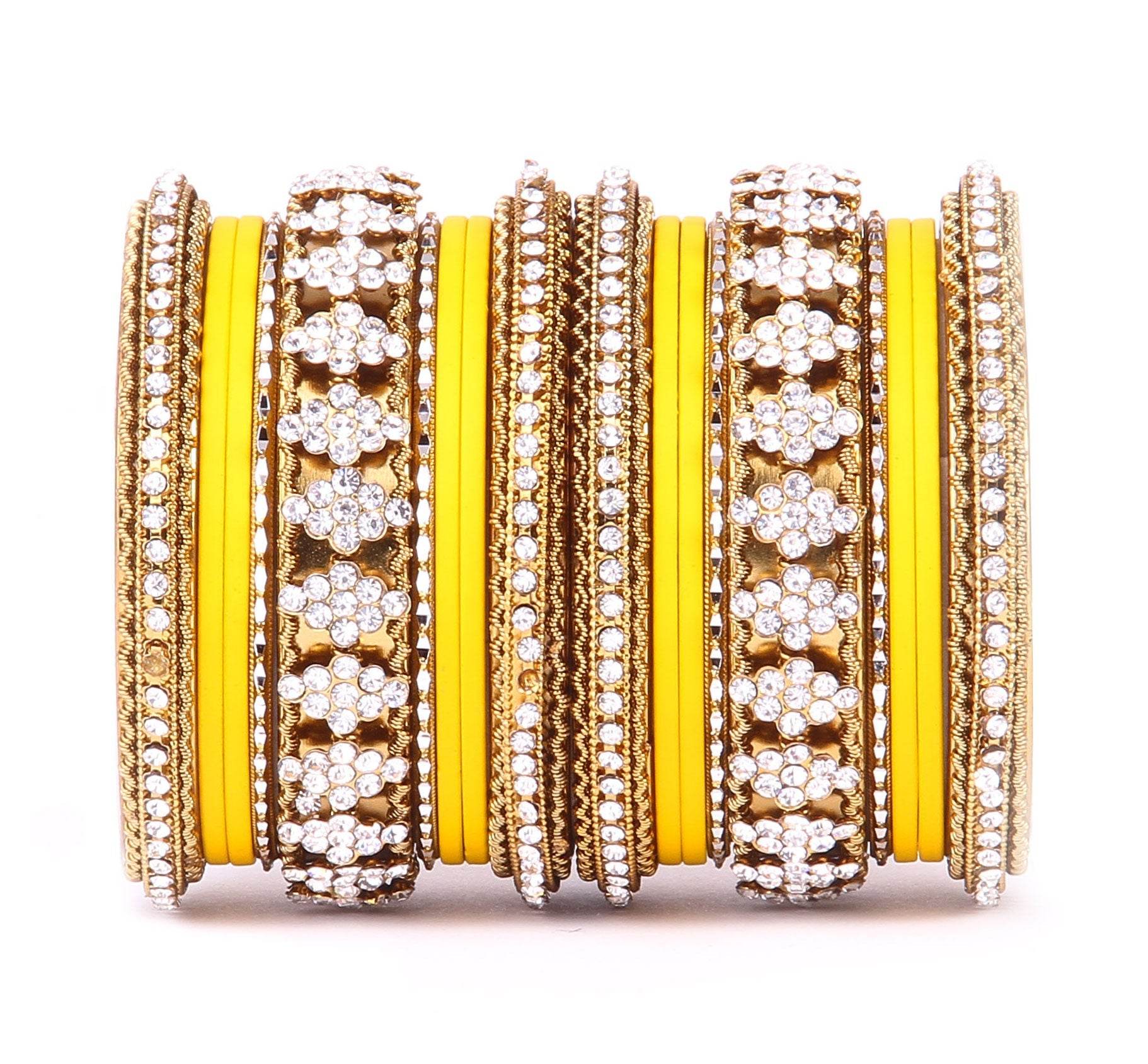 Stylish Matte Finish And Running Stone Pattern Bangle Set Yellow T4 Jewels