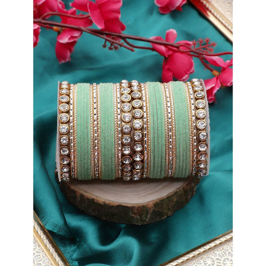 Traditional Velvet Bangle Set by T4 Jewels with Stone Kadas for Women Mint T4 Jewels