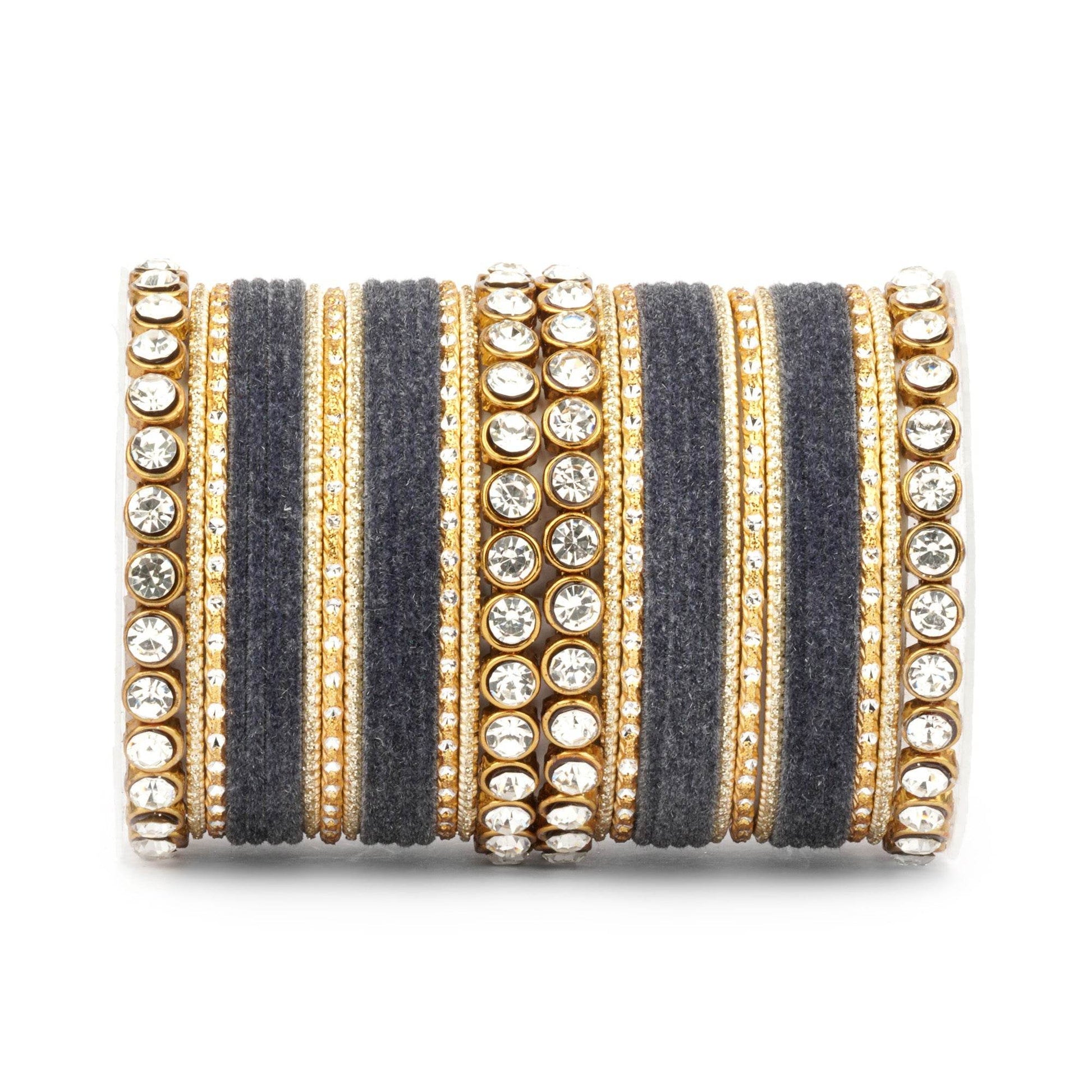 Traditional Velvet Bangle Set by T4 Jewels with Stone Kadas for Women Grey T4 Jewels