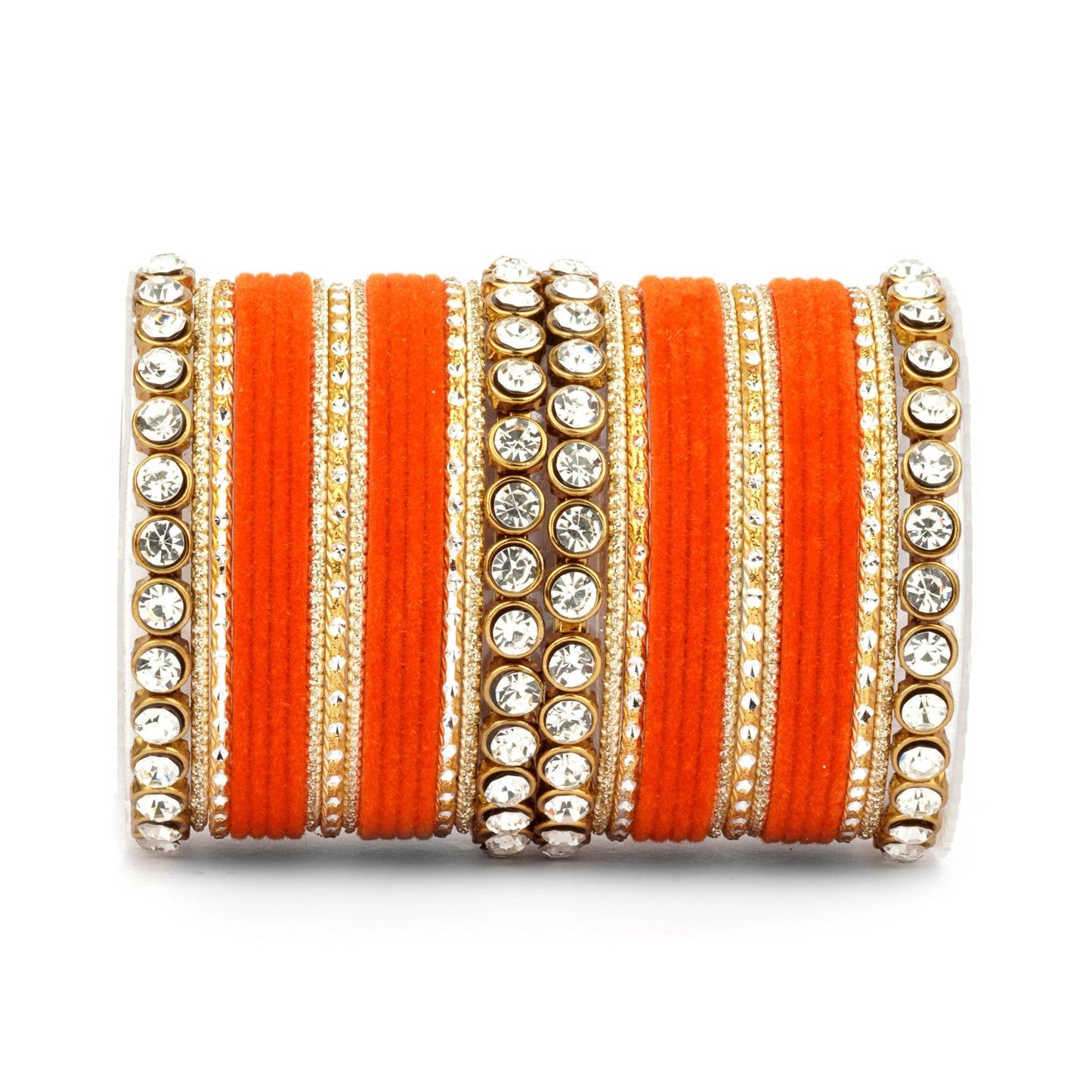 Traditional Velvet Bangle Set by T4 Jewels with Stone Kadas for Women Orange T4 Jewels