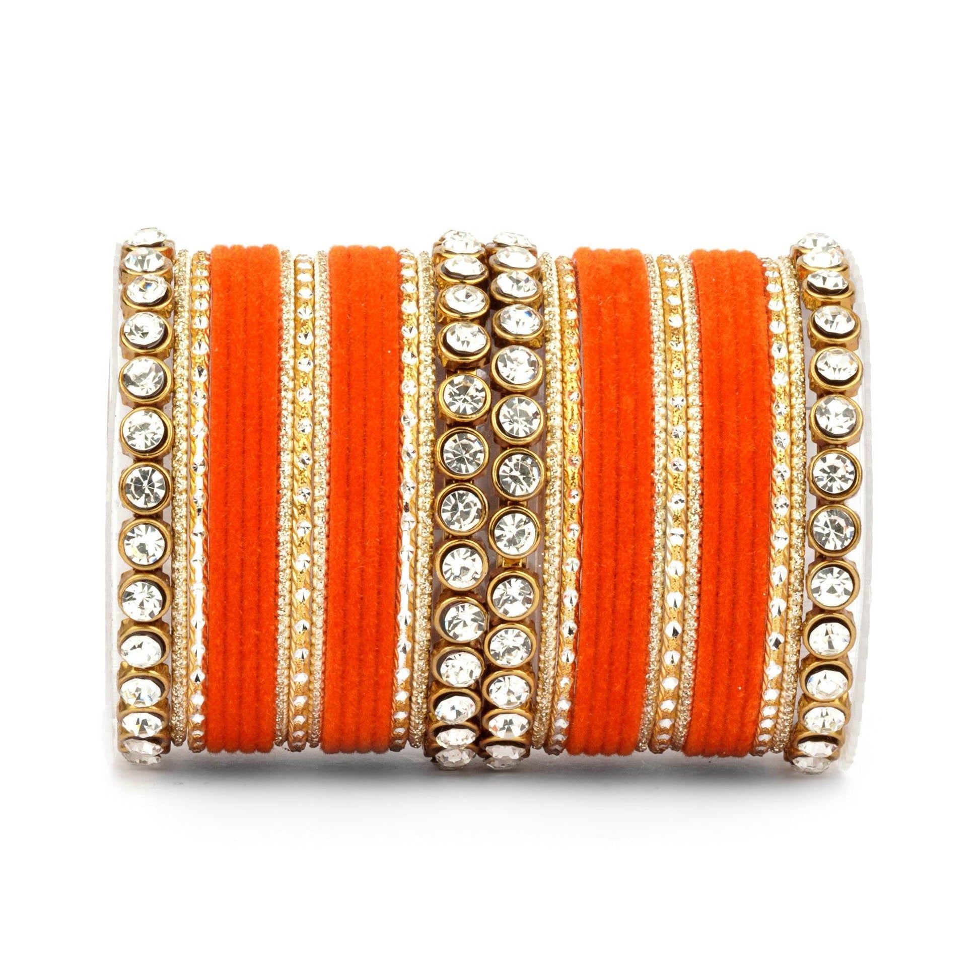 Traditional Velvet Bangle Set by T4 Jewels with Stone Kadas for Women Orange T4 Jewels