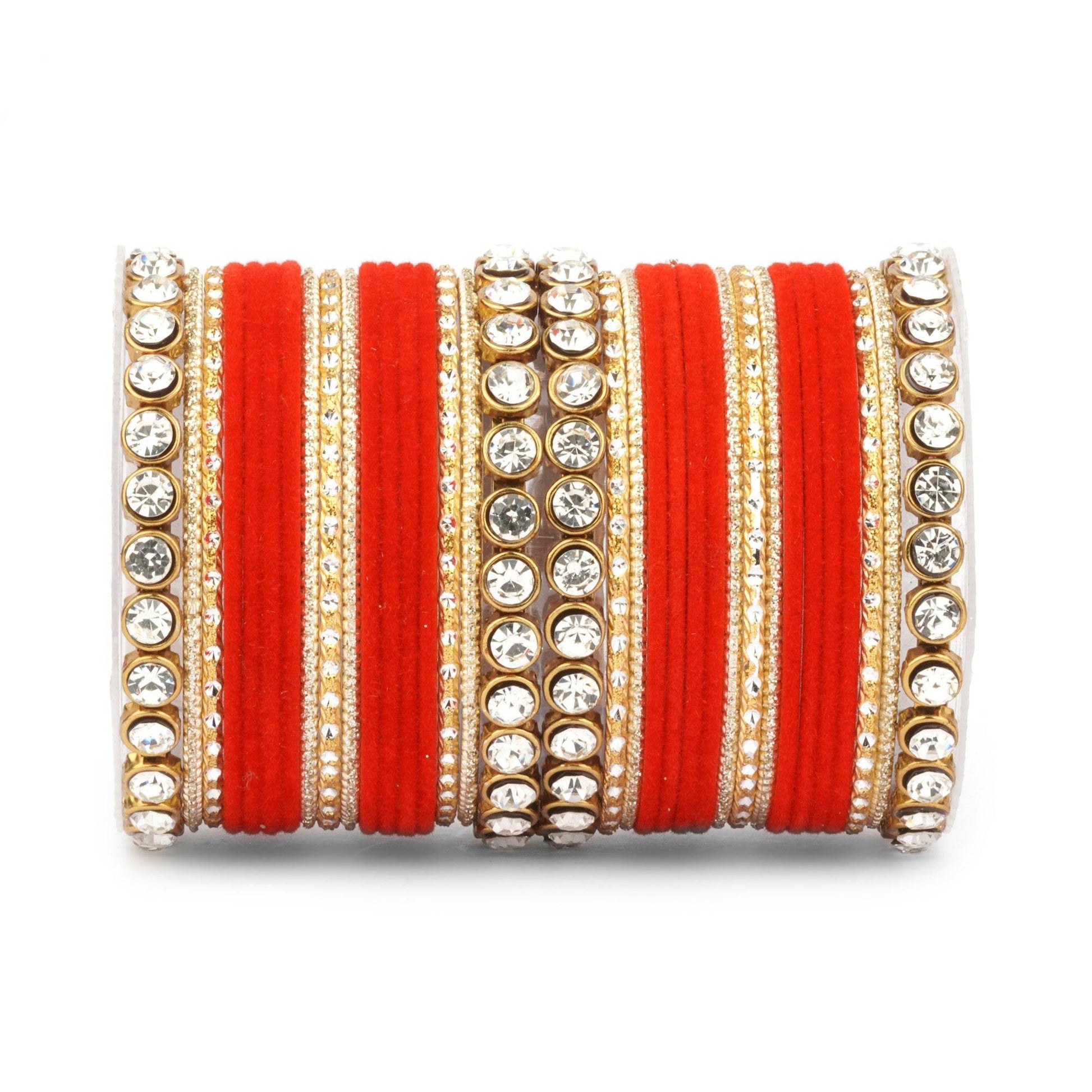 Traditional Velvet Bangle Set by T4 Jewels with Stone Kadas for Women Red T4 Jewels