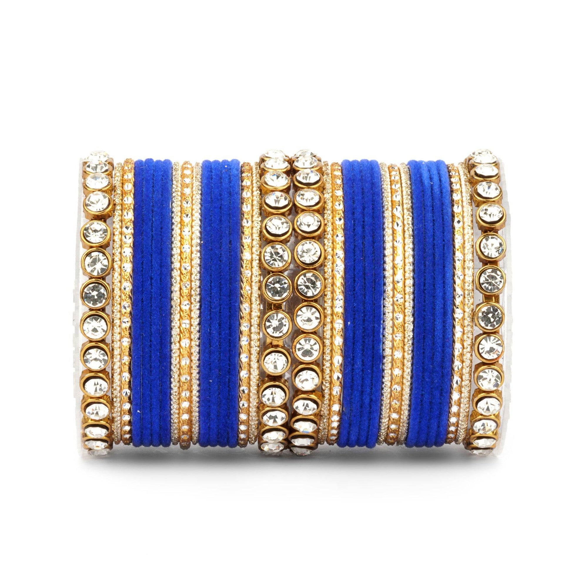 Traditional Velvet Bangle Set by T4 Jewels with Stone Kadas for Women Royal Blue T4 Jewels