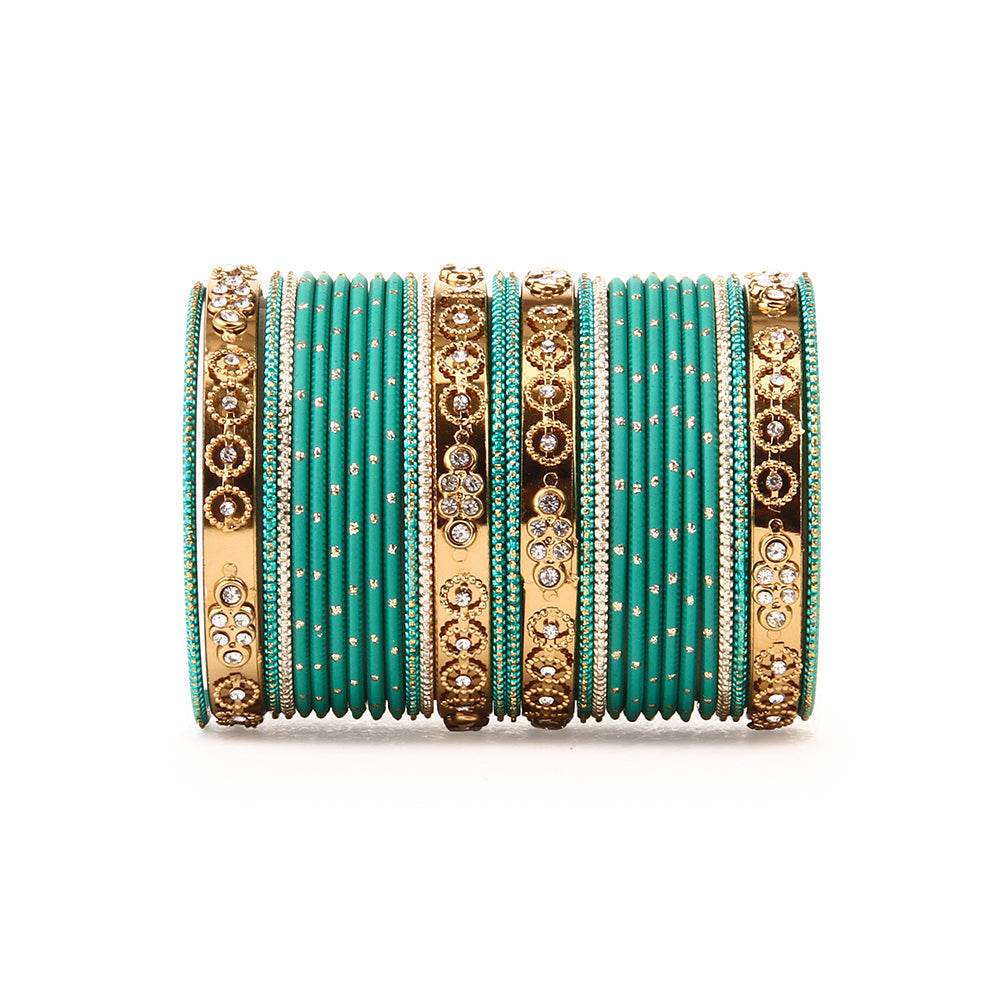 Traditional Bangle Set With Golden Dotted Bangles Green T4 Jewels