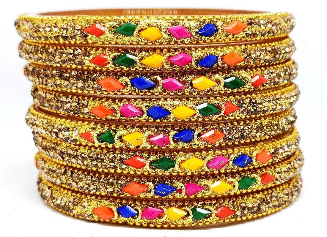 T4 Jewels (Large Size) Red, Green MultiColor Glass Kada Bangles (Pack Of 8)-NLKNTH