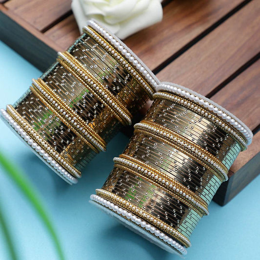 Metal Shining Bangle Set with Pearl Sides by T4 Jewels Golden T4 Jewels