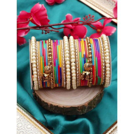 Traditional Solid Coloured Bangle Set with Pearl and Jhumki by T4 Jewels Multi T4 Jewels
