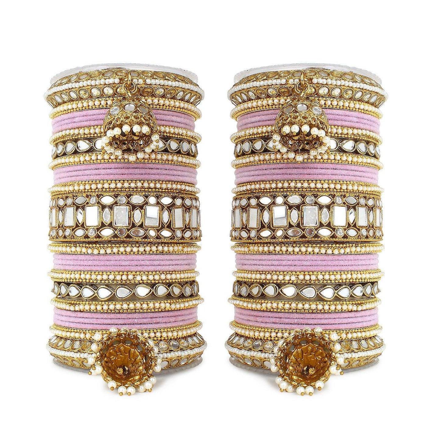 Traditional Mirror Bangle Set with Velvet Bangles with Jhumki by T4 Jewels Pink T4 Jewels