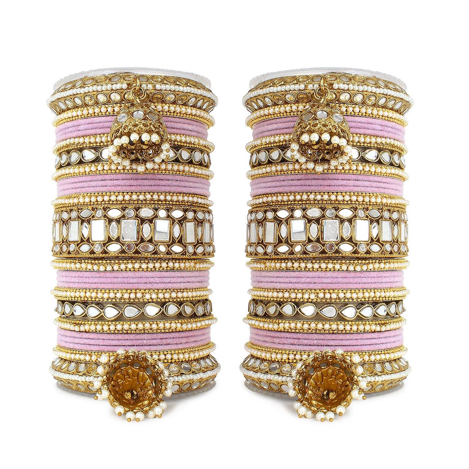 Traditional Mirror Bangle Set with Velvet Bangles with Jhumki by T4 Jewels Pink T4 Jewels