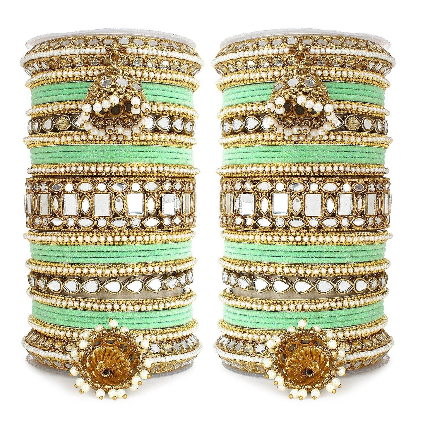 Traditional Mirror Bangle Set with Velvet Bangles with Jhumki by T4 Jewels Pista T4 Jewels