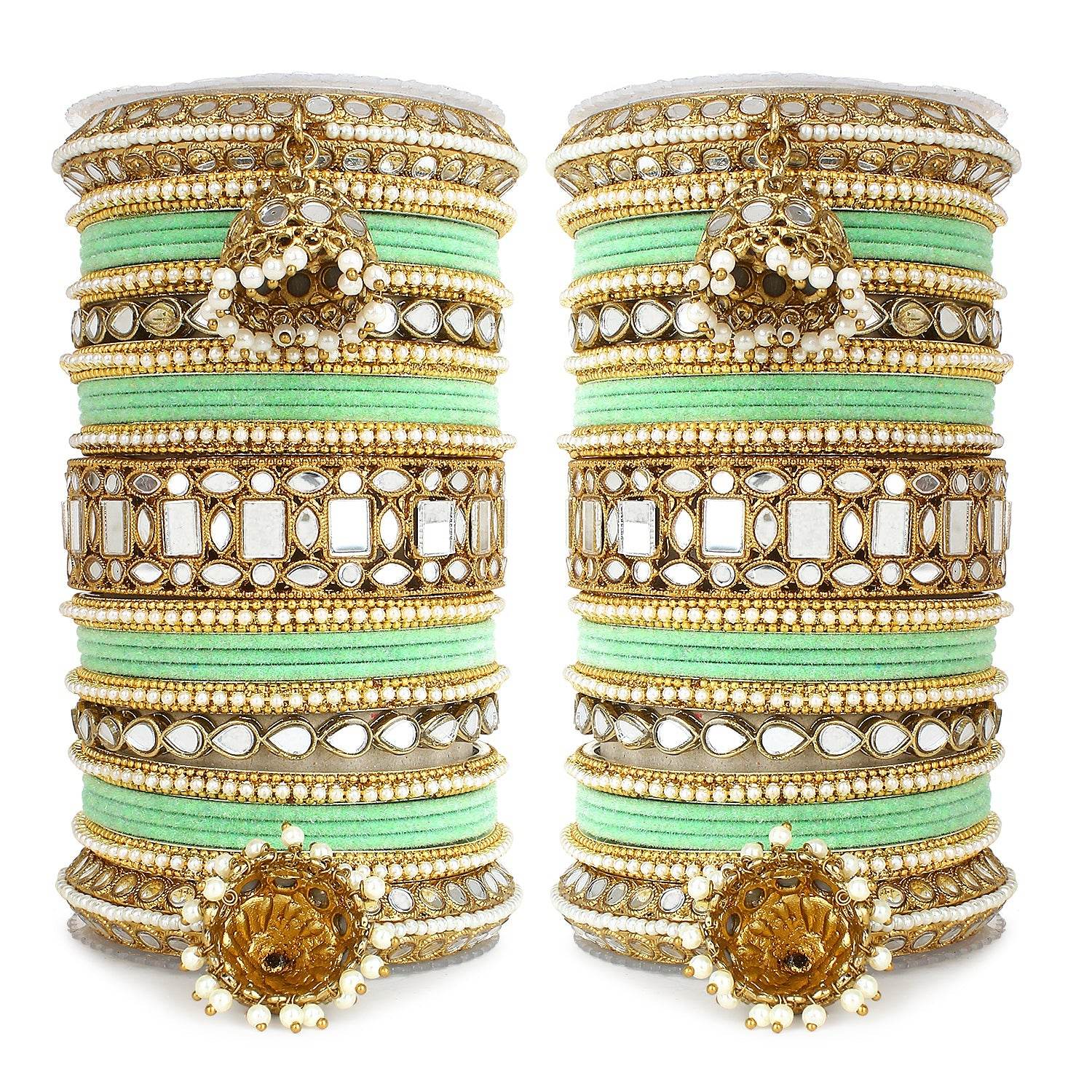 Traditional Mirror Bangle Set with Velvet Bangles with Jhumki by T4 Jewels Pista T4 Jewels