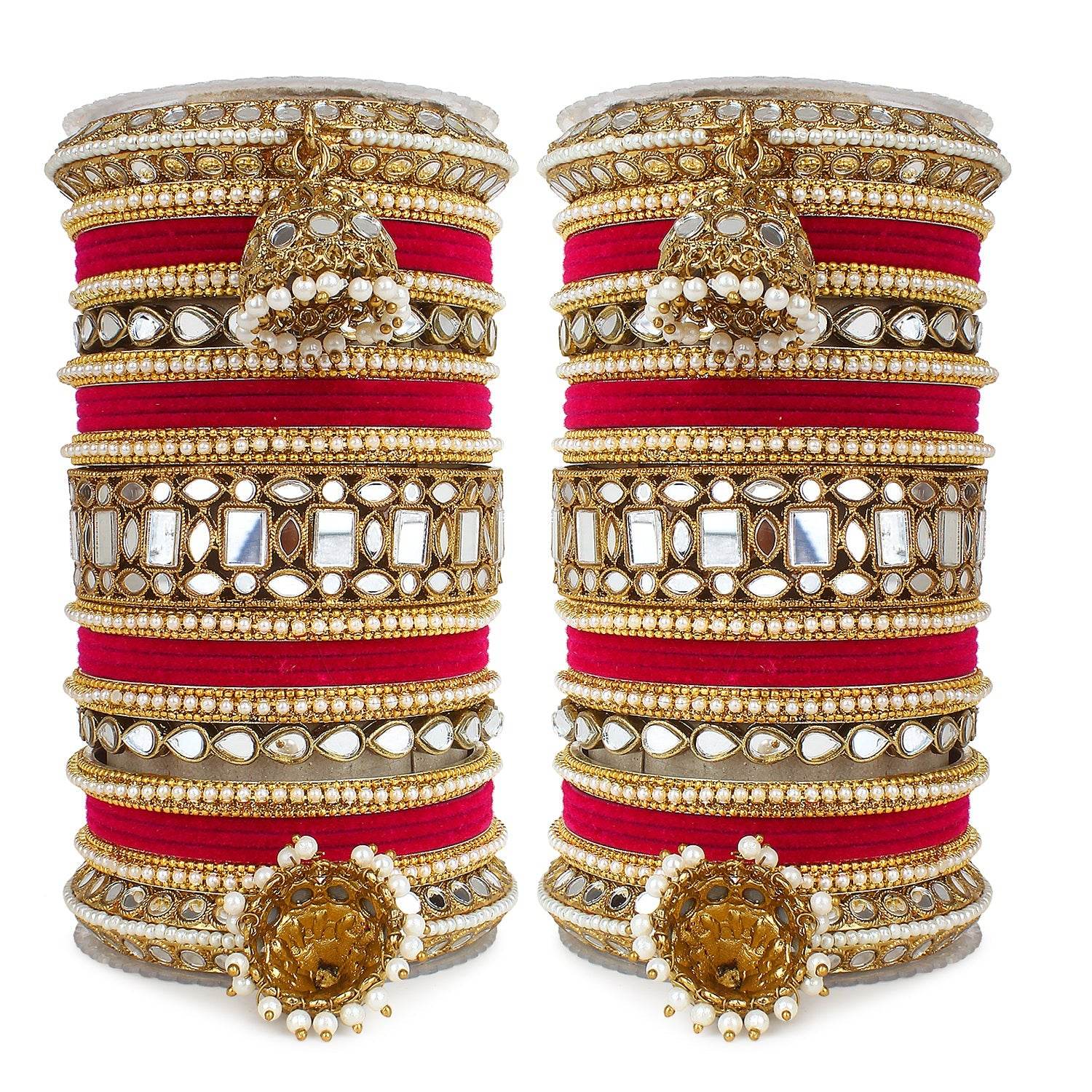 Traditional Mirror Bangle Set with Velvet Bangles with Jhumki by T4 Jewels Red T4 Jewels