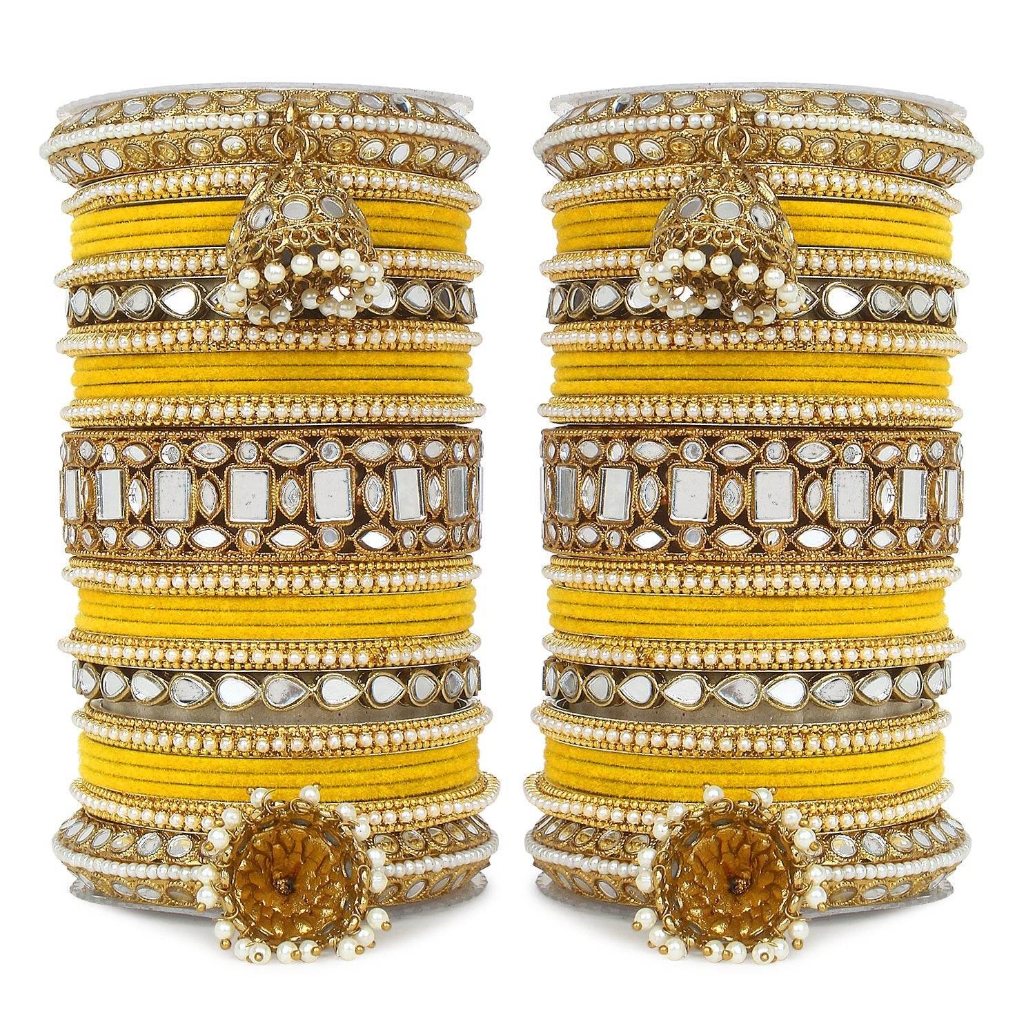 Traditional Mirror Bangle Set with Velvet Bangles with Jhumki by T4 Jewels Yellow T4 Jewels