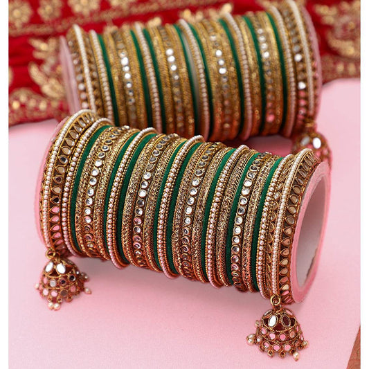 Bridal Mirror Bangle Set with Jhumki by T4 Jewels Green T4 Jewels
