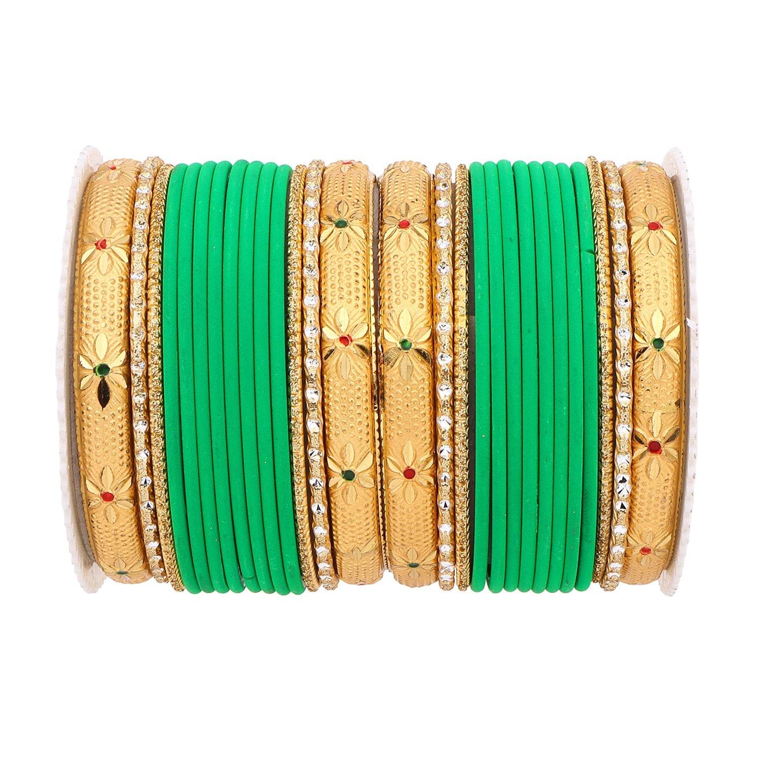 Matte Bangle Set with Golden Meenakari Kada by T4 Jewels Green T4 Jewels