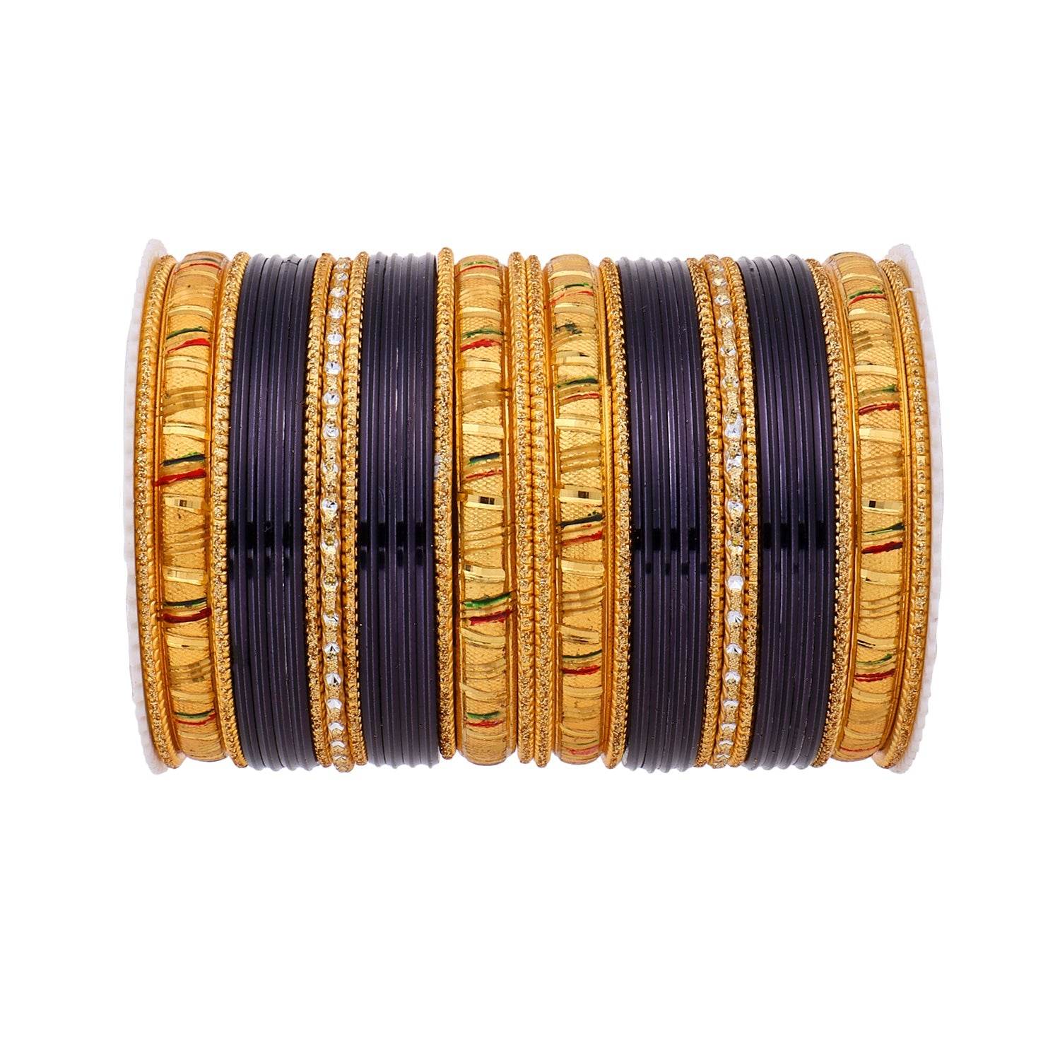 Shining Bangle Set with Golden Meenakari Kada by T4 Jewels Black T4 Jewels