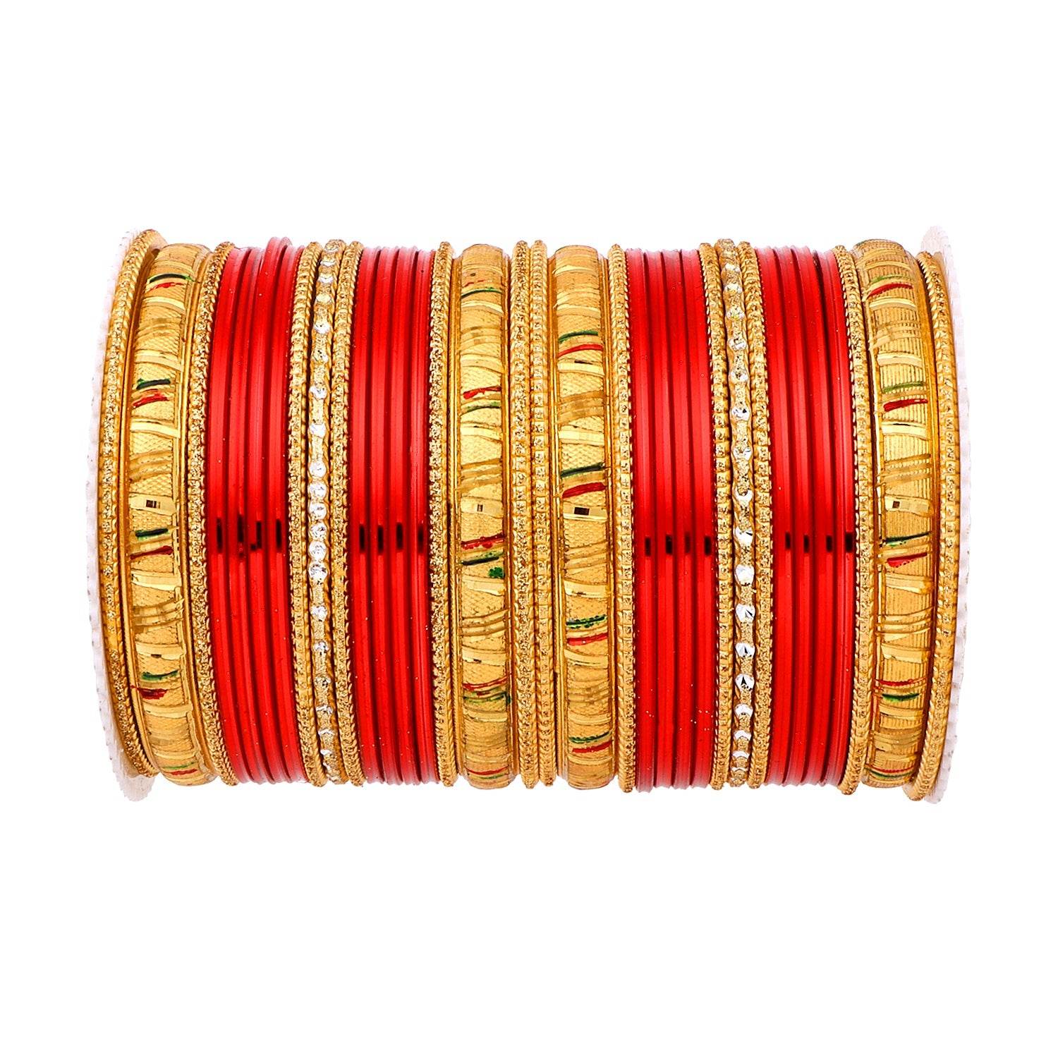 Shining Bangle Set with Golden Meenakari Kada by T4 Jewels Red T4 Jewels