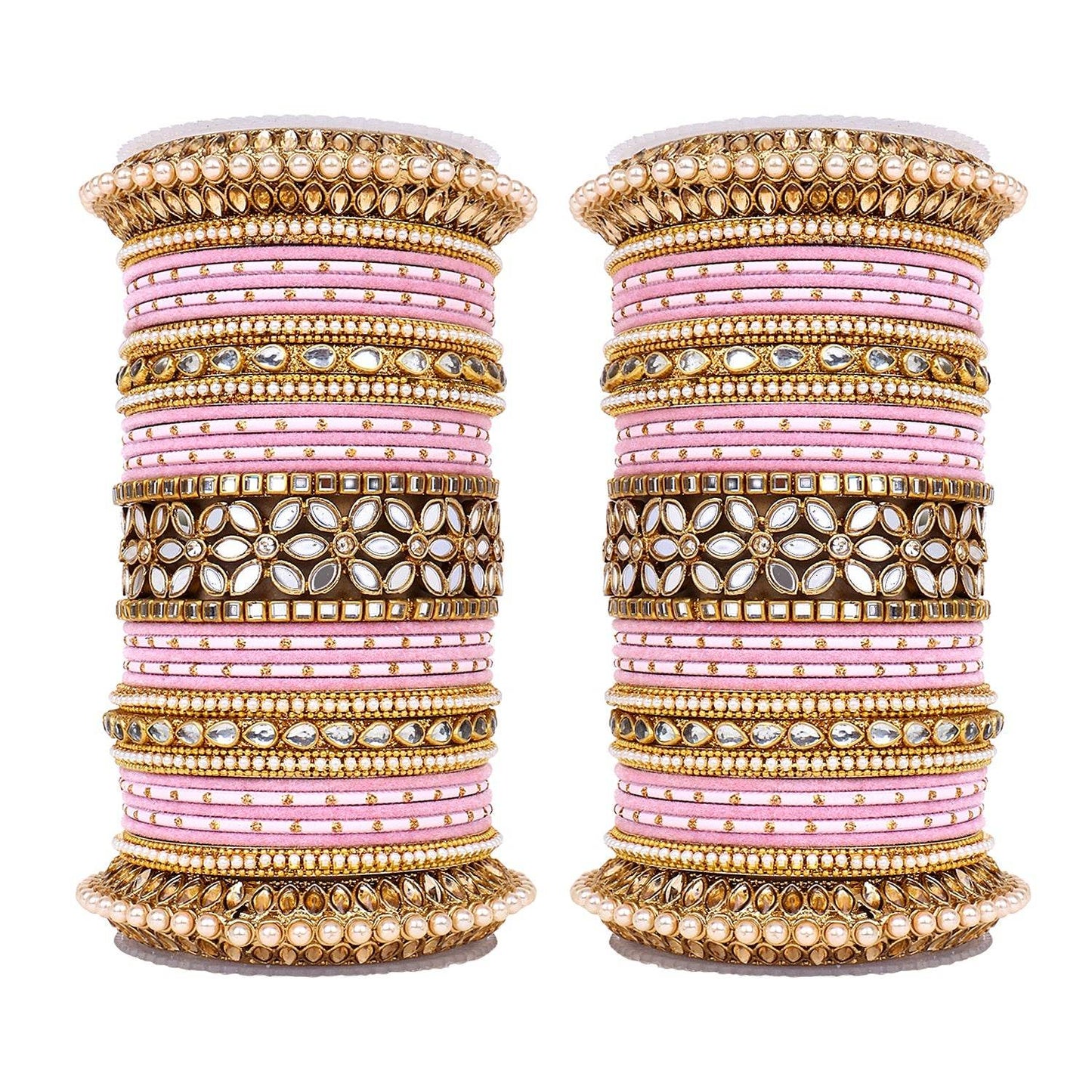 Bridal Bangle Set with Flower Mirror Kada and Pacheli by T4 Jewels Baby Pink T4 Jewels