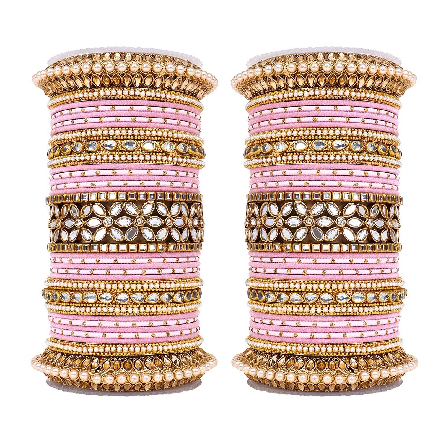 Bridal Bangle Set with Flower Mirror Kada and Pacheli by T4 Jewels Baby Pink T4 Jewels