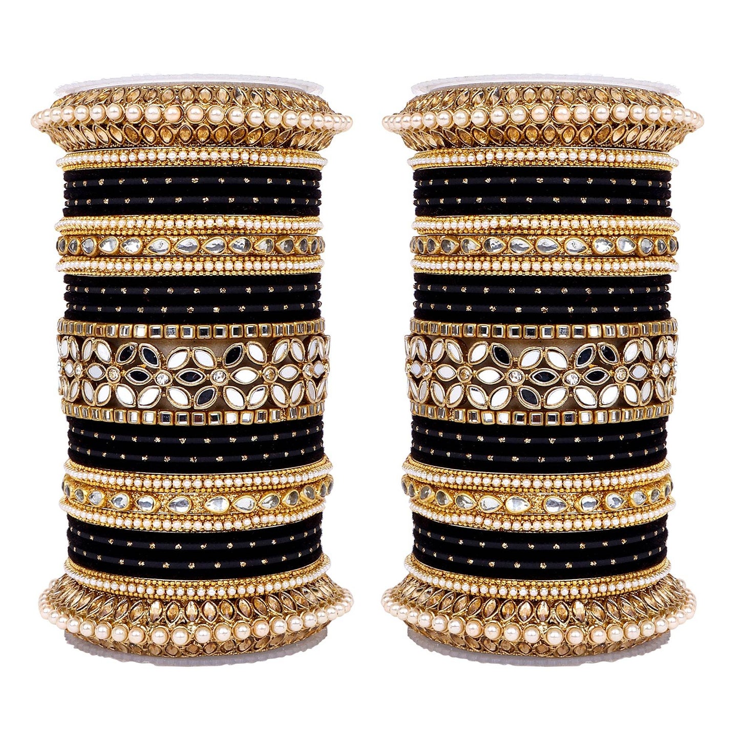 Bridal Bangle Set with Flower Mirror Kada and Pacheli by T4 Jewels Black T4 Jewels