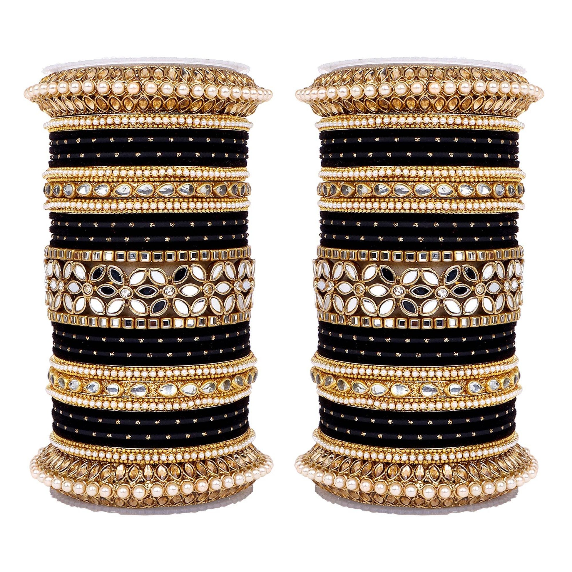 Bridal Bangle Set with Flower Mirror Kada and Pacheli by T4 Jewels Black T4 Jewels