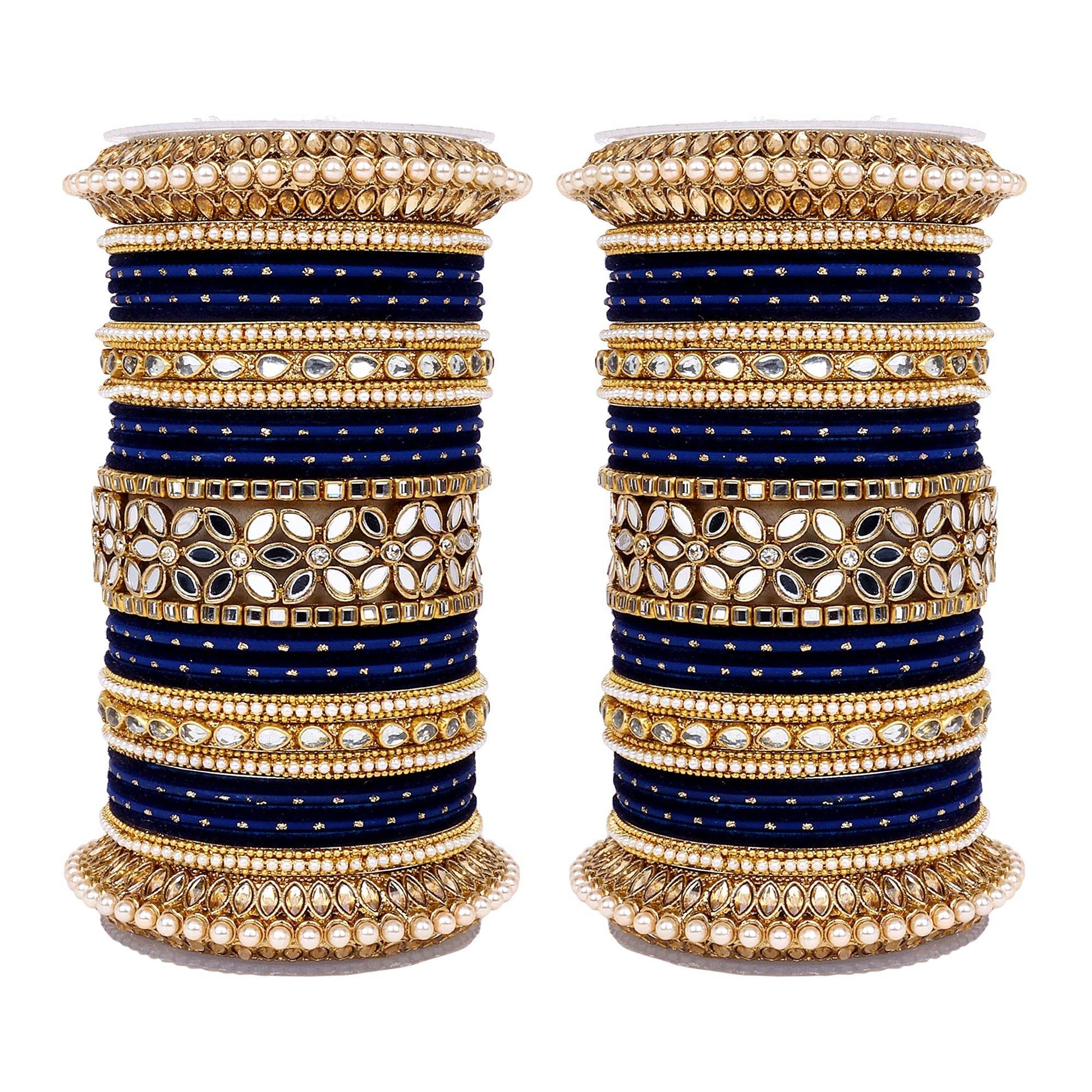 Bridal Bangle Set with Flower Mirror Kada and Pacheli by T4 Jewels Blue T4 Jewels