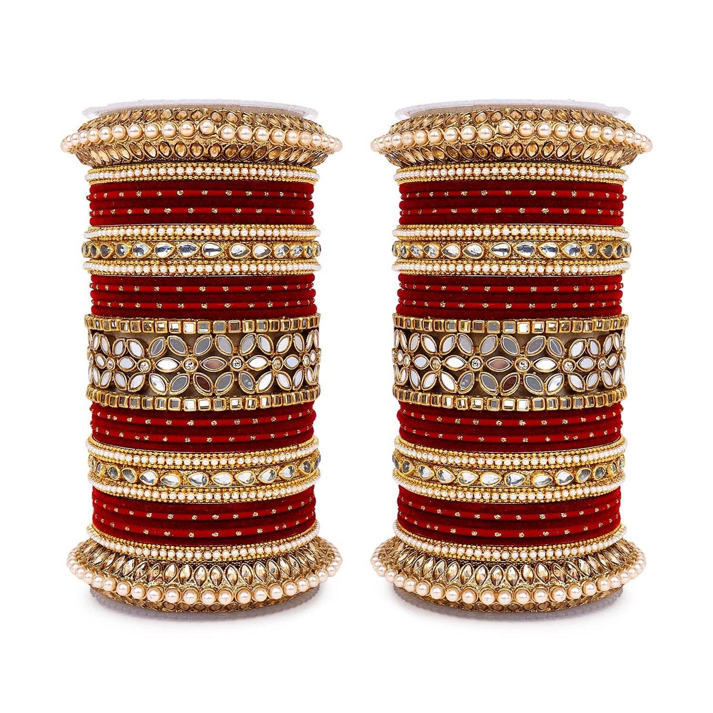 Bridal Bangle Set with Flower Mirror Kada and Pacheli by T4 Jewels Maroon T4 Jewels