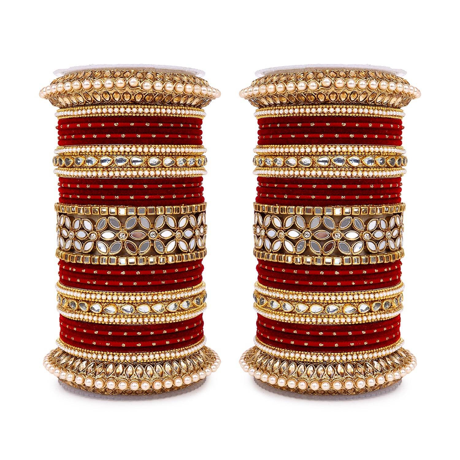 Bridal Bangle Set with Flower Mirror Kada and Pacheli by T4 Jewels Maroon T4 Jewels
