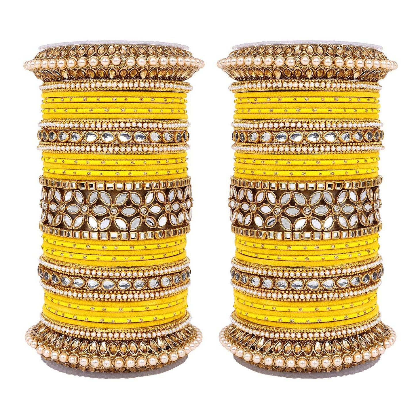 Bridal Bangle Set with Flower Mirror Kada and Pacheli by T4 Jewels Yellow T4 Jewels