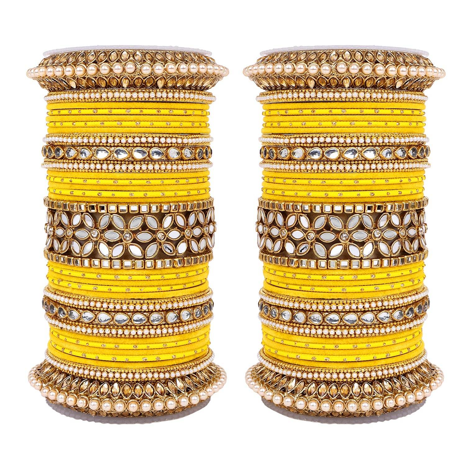Bridal Bangle Set with Flower Mirror Kada and Pacheli by T4 Jewels Yellow T4 Jewels
