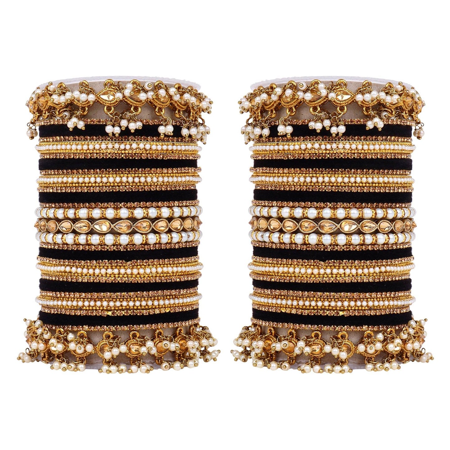 Bridal Bangle set with Pearl and Kundan and Velvet Bangles Black T4 Jewels