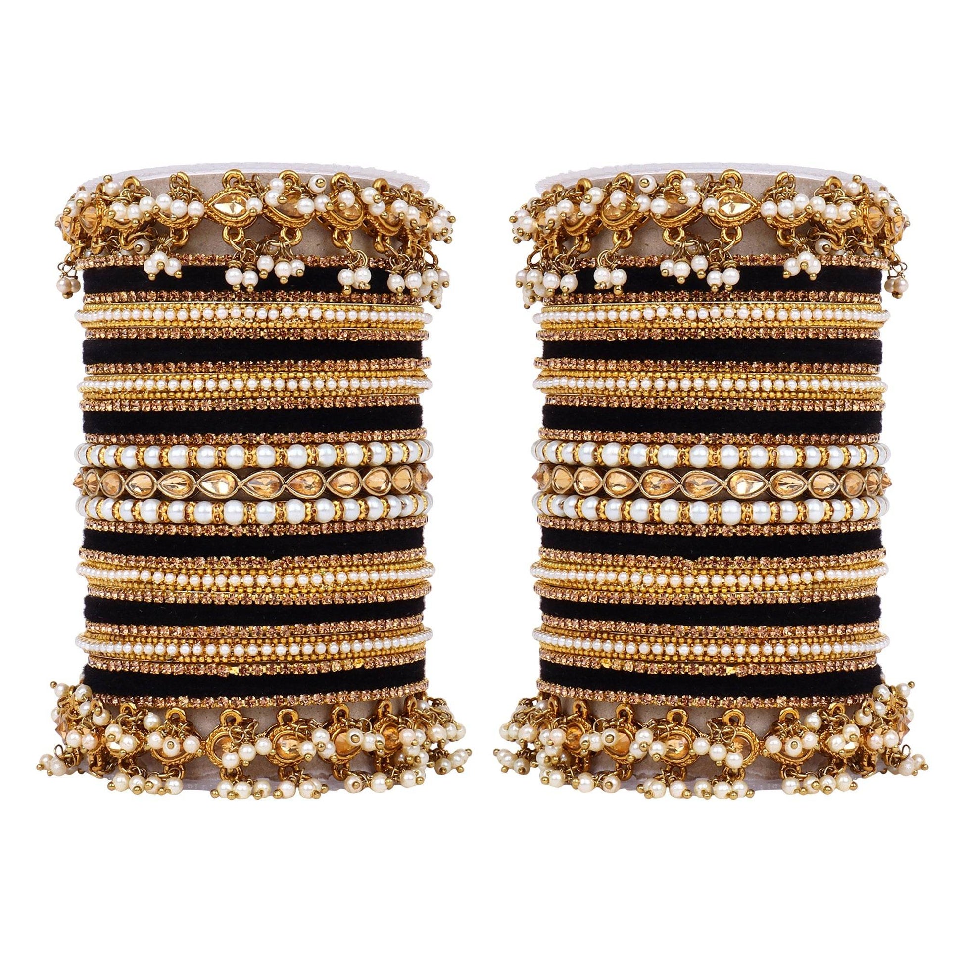 Bridal Bangle set with Pearl and Kundan and Velvet Bangles Black T4 Jewels