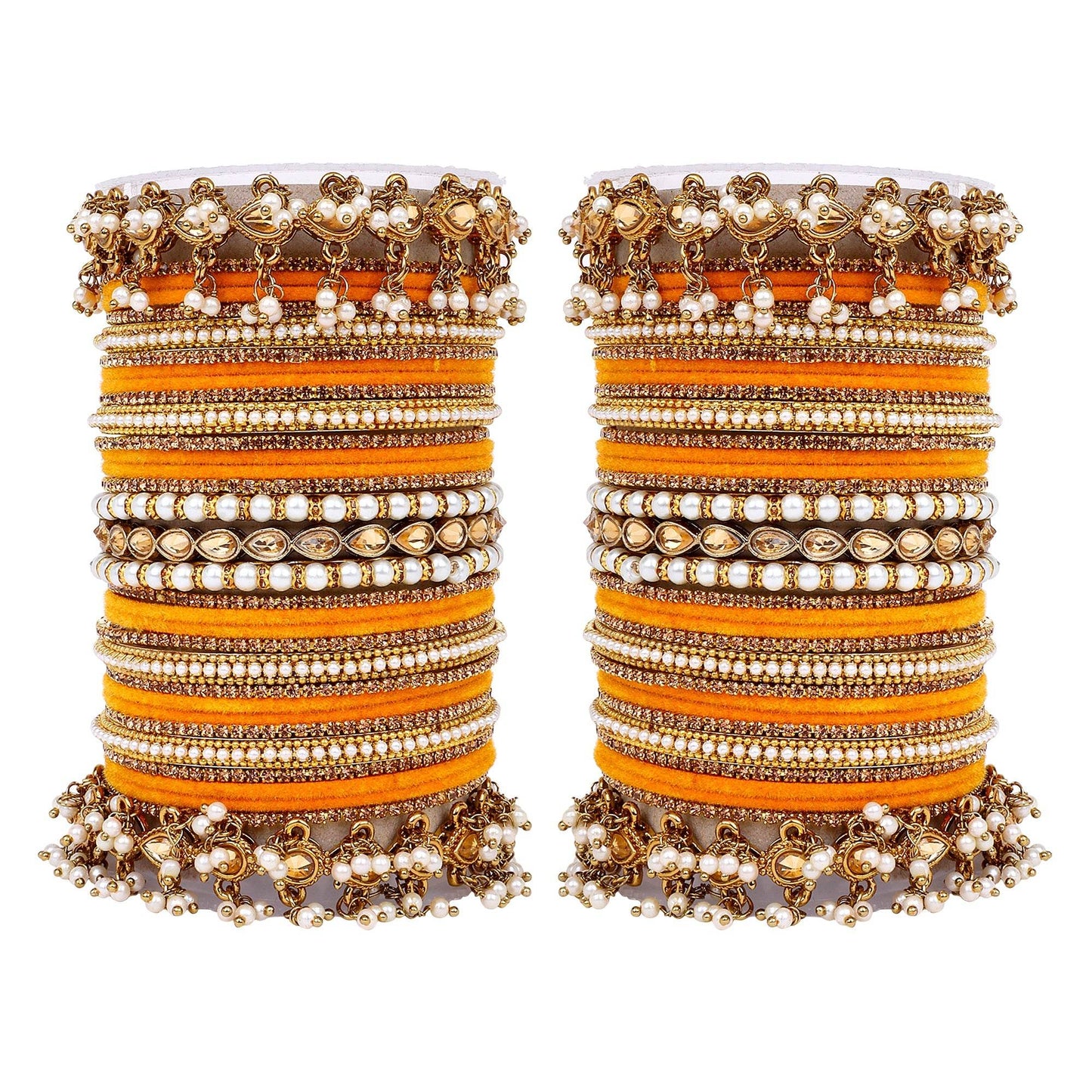 Bridal Bangle set with Pearl and Kundan and Velvet Bangles Haldi T4 Jewels
