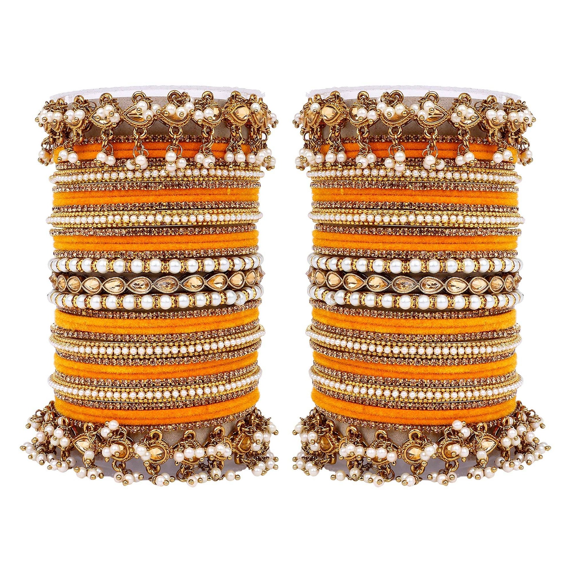 Bridal Bangle set with Pearl and Kundan and Velvet Bangles Haldi T4 Jewels