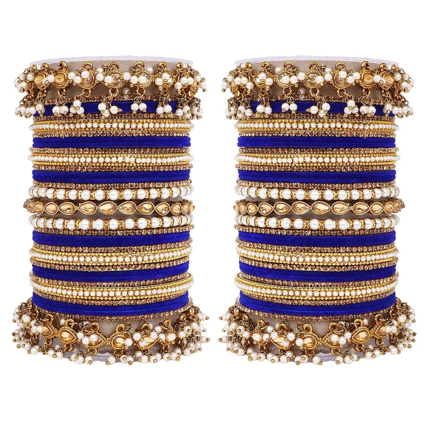 Bridal Bangle set with Pearl and Kundan and Velvet Bangles Royal blue T4 Jewels
