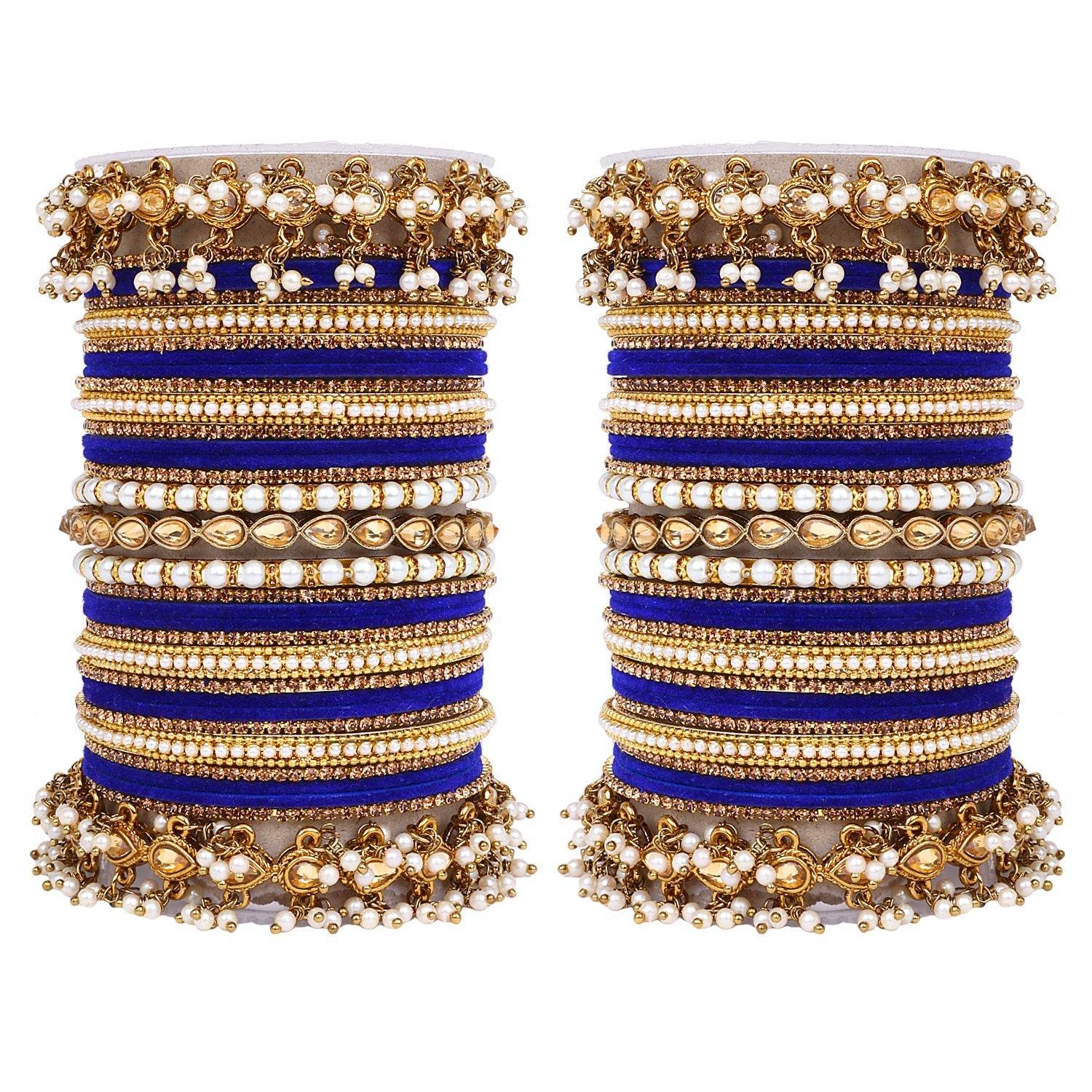 Bridal Bangle set with Pearl and Kundan and Velvet Bangles Royal blue T4 Jewels